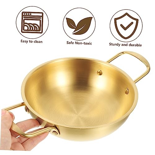 BRIGHTFUFU Portable Stainless Steel Pan, 11 Inch, Gold, Stay-Cool Riveted Handles-5