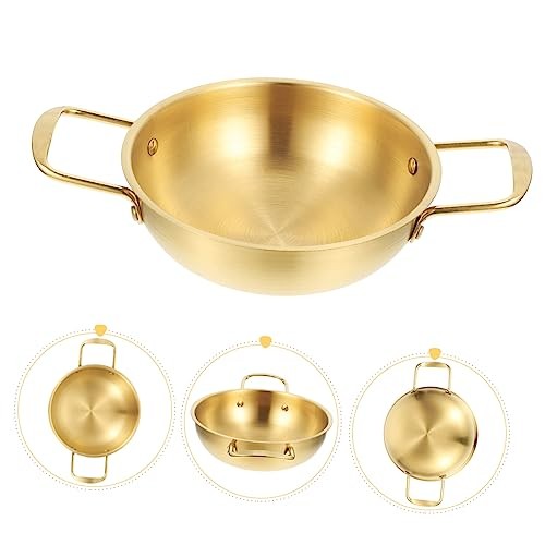 BRIGHTFUFU Portable Stainless Steel Pan, 11 Inch, Gold, Stay-Cool Riveted Handles-8