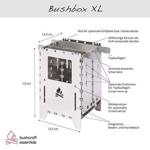 Bushcraft Essentials Bushbox XL Premium Set Folding Outdoor Stove with Universal Grate and Leather Case-2