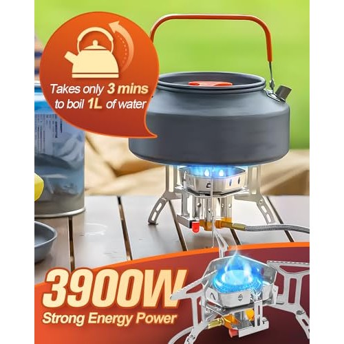 Coyonce Silver Portable Camping Gas Stove, 3900W Burner with Piezo Ignition, Adapters and Converters-2
