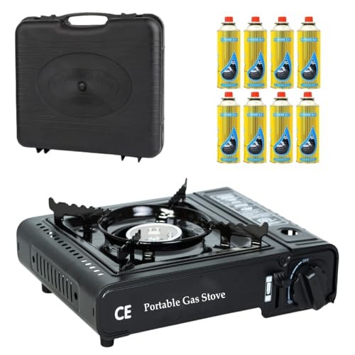 Deejaah Portable Camping Stove with Carry Case and 8 Butane Gas Canisters
