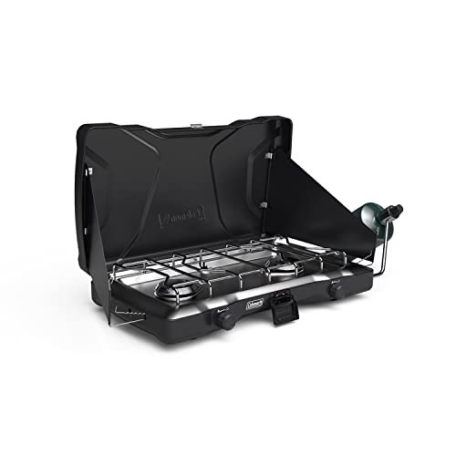 Coleman Triton 2-Burner Propane Camping Stove with Adjustable Burners, Wind Guards, Heavy-Duty Latch and Handle, 22,000 BTUs