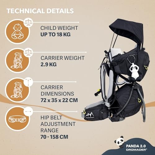 DROMADER Baby Carrier Backpack for Hiking up to 18kg, Adjustable Seat, Sleep Support Pillow, Retractable Sunshade, Back Saving Carrying System, Insulated Pouch, Panda 2.0, Black-5