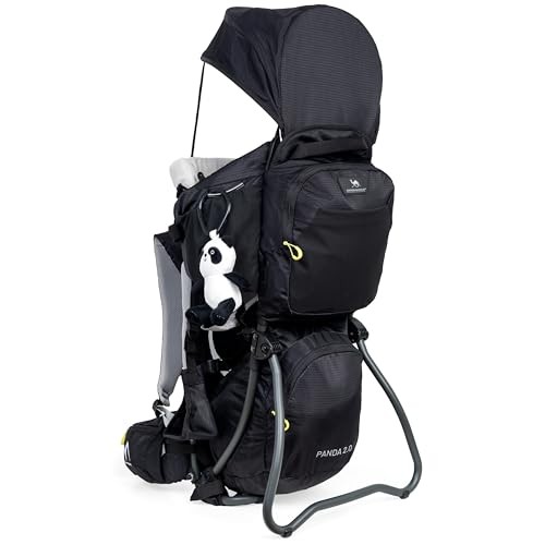 DROMADER Baby Carrier Backpack for Hiking up to 18kg, Adjustable Seat, Sleep Support Pillow, Retractable Sunshade, Back Saving Carrying System, Insulated Pouch, Panda 2.0, Black