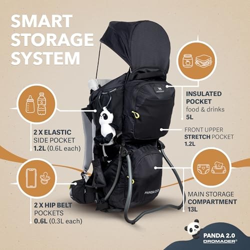 DROMADER Baby Carrier Backpack for Hiking up to 18kg, Adjustable Seat, Sleep Support Pillow, Retractable Sunshade, Back Saving Carrying System, Insulated Pouch, Panda 2.0, Black-7