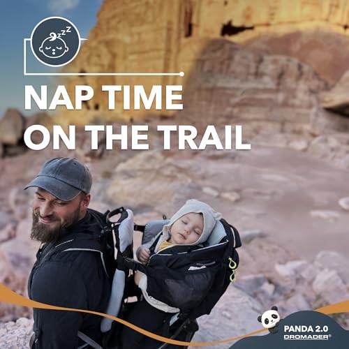 DROMADER Baby Carrier Backpack for Hiking up to 18kg, Adjustable Seat, Sleep Support Pillow, Retractable Sunshade, Back Saving Carrying System, Insulated Pouch, Panda 2.0, Black-9