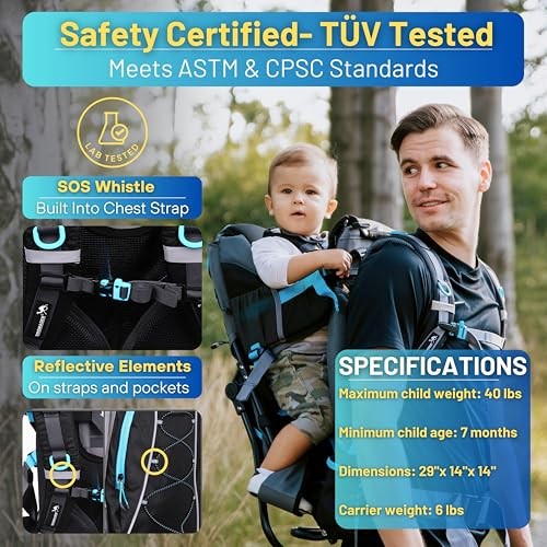 DROMADER Baby Carrier Backpack, Toddler Hiking Carrier with Sun Canopy, Rain Cover, Insulated Pouch, Changing Mat and One-Hand Foldable Frame, Black and Blue-3