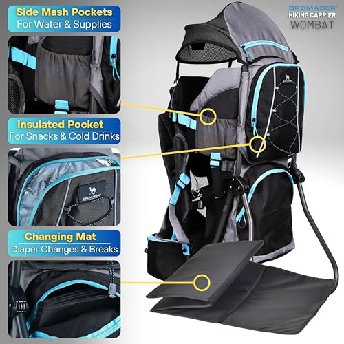 DROMADER Baby Carrier Backpack, Toddler Hiking Carrier with Sun Canopy, Rain Cover, Insulated Pouch, Changing Mat and One-Hand Foldable Frame, Black and Blue-4