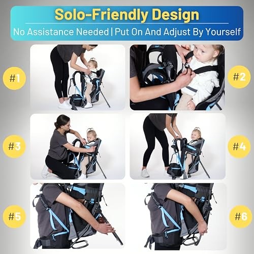 DROMADER Baby Carrier Backpack, Toddler Hiking Carrier with Sun Canopy, Rain Cover, Insulated Pouch, Changing Mat and One-Hand Foldable Frame, Black and Blue-5