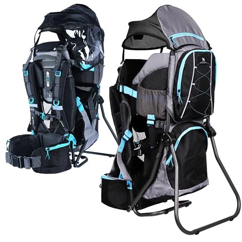 DROMADER Baby Carrier Backpack, Toddler Hiking Carrier with Sun Canopy, Rain Cover, Insulated Pouch, Changing Mat and One-Hand Foldable Frame, Black and Blue