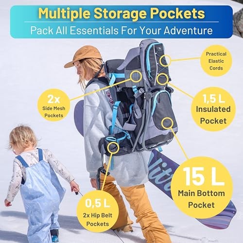 DROMADER Baby Carrier Backpack, Toddler Hiking Carrier with Sun Canopy, Rain Cover, Insulated Pouch, Changing Mat and One-Hand Foldable Frame, Black and Blue-6