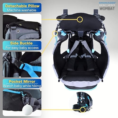 DROMADER Baby Carrier Backpack, Toddler Hiking Carrier with Sun Canopy, Rain Cover, Insulated Pouch, Changing Mat and One-Hand Foldable Frame, Black and Blue-7