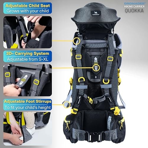 DROMADER Baby Carrier Backpack, toddler hiking carrier with sun canopy, rain cover, insulated pouch, changing mat and one-hand foldable frame, Black and Yellow-2