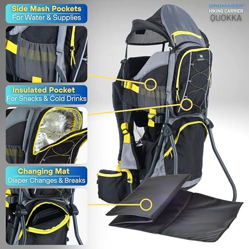 DROMADER Baby Carrier Backpack, toddler hiking carrier with sun canopy, rain cover, insulated pouch, changing mat and one-hand foldable frame, Black and Yellow-4
