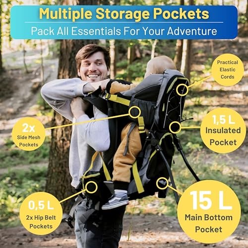 DROMADER Baby Carrier Backpack, toddler hiking carrier with sun canopy, rain cover, insulated pouch, changing mat and one-hand foldable frame, Black and Yellow-5