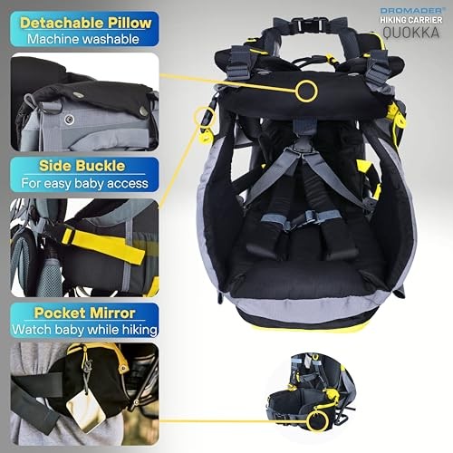 DROMADER Baby Carrier Backpack, toddler hiking carrier with sun canopy, rain cover, insulated pouch, changing mat and one-hand foldable frame, Black and Yellow-6