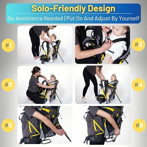 DROMADER Baby Carrier Backpack, toddler hiking carrier with sun canopy, rain cover, insulated pouch, changing mat and one-hand foldable frame, Black and Yellow-7