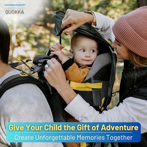DROMADER Baby Carrier Backpack, toddler hiking carrier with sun canopy, rain cover, insulated pouch, changing mat and one-hand foldable frame, Black and Yellow-8