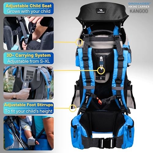 DROMADER Baby Carrier Backpack Toddler Hiking Carrier with Sun Canopy, Rain Cover, Insulated Pouch, Changing Mat and One-Hand Foldable Frame, Blue-2