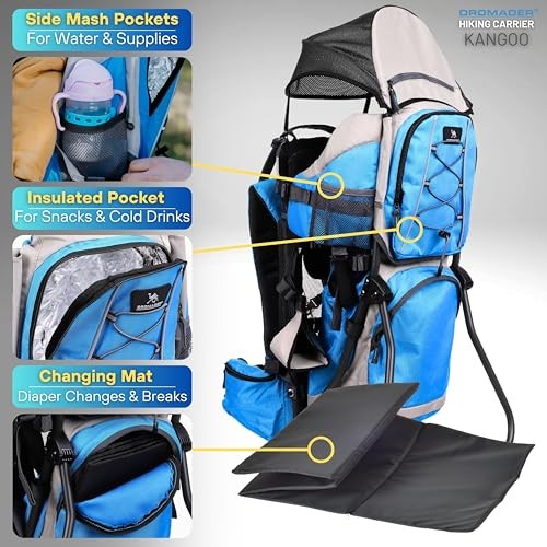 DROMADER Baby Carrier Backpack Toddler Hiking Carrier with Sun Canopy, Rain Cover, Insulated Pouch, Changing Mat and One-Hand Foldable Frame, Blue-4