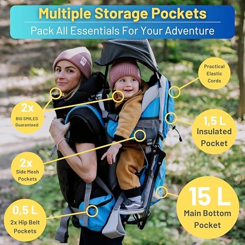 DROMADER Baby Carrier Backpack Toddler Hiking Carrier with Sun Canopy, Rain Cover, Insulated Pouch, Changing Mat and One-Hand Foldable Frame, Blue-6