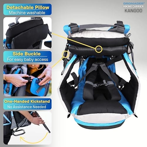 DROMADER Baby Carrier Backpack Toddler Hiking Carrier with Sun Canopy, Rain Cover, Insulated Pouch, Changing Mat and One-Hand Foldable Frame, Blue-7