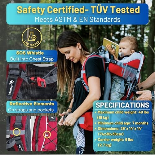 DROMADER Baby Carrier Backpack with Sun Canopy, Rain Cover, Insulated Pouch and Changing Mat, Red-3