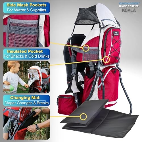 DROMADER Baby Carrier Backpack with Sun Canopy, Rain Cover, Insulated Pouch and Changing Mat, Red-4
