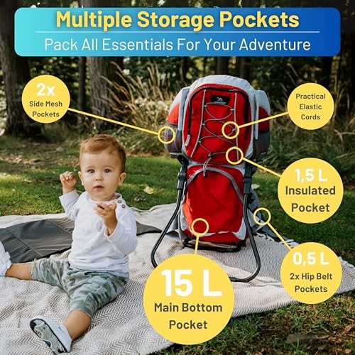 DROMADER Baby Carrier Backpack with Sun Canopy, Rain Cover, Insulated Pouch and Changing Mat, Red-5