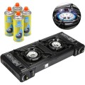 Greenfields Dual Burner Portable Camping Stove, EN417 Compliant, Stove + 4 Canisters