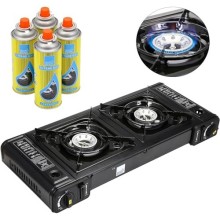 Greenfields Dual Burner Portable Camping Stove, EN417 Compliant, Stove + 4 Canisters