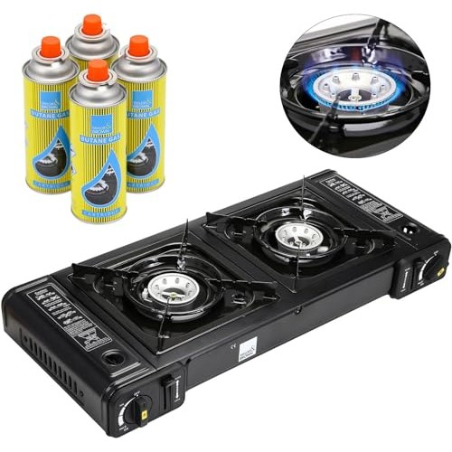 Greenfields Dual Burner Portable Camping Stove, EN417 Compliant, Stove + 4 Canisters