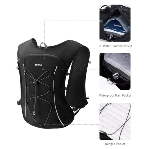 ECOHUB Hydration Vest Running Backpack with 2L Water Bladder, 6 Pockets, Black-2