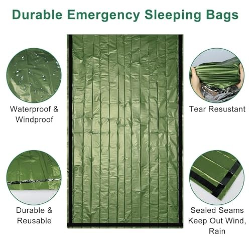 EEEKit Green Survival Bivy Bags, 2 Pack Mylar Thermal Emergency Sleeping Blankets with Whistle-2