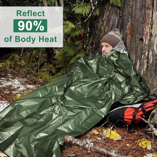 EEEKit Green Survival Bivy Bags, 2 Pack Mylar Thermal Emergency Sleeping Blankets with Whistle-3