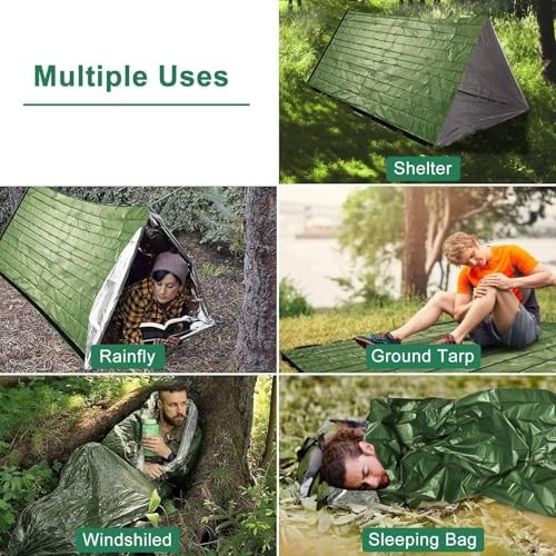 EEEKit Green Survival Bivy Bags, 2 Pack Mylar Thermal Emergency Sleeping Blankets with Whistle-5