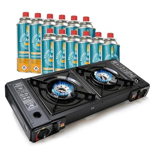 EUROCATCH 2-Burner Gas Cooker, incl. 12 Butane Gas Bottles