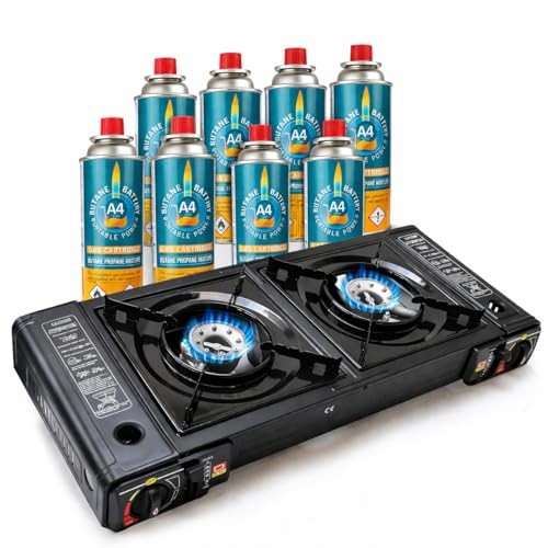 EUROCATCH 2-burner gas cooker with 8 butane gas bottles