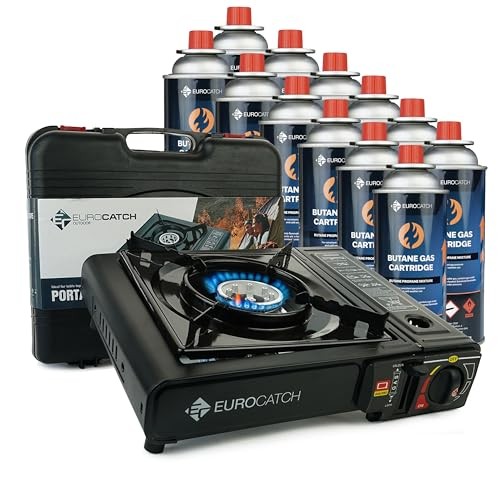EUROCATCH 1 Burner Gas Cooker with 12 Gas Cartridges and Carrying Case