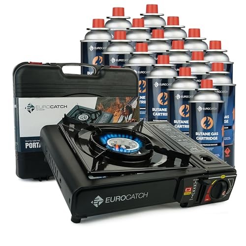 EUROCATCH 1 Burner Gas Cooker with 16 Gas Cartridges and Carrying Case
