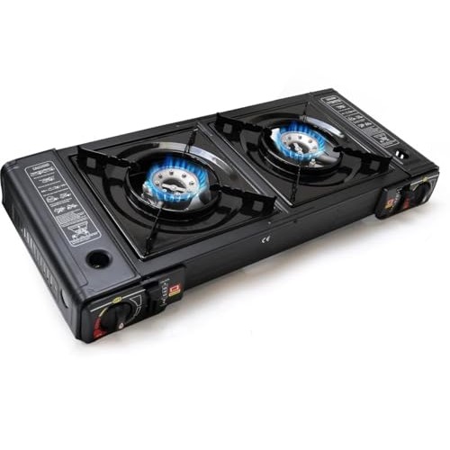 EUROCATCH 2 Burner Gas Stove Camping Cooker, Black, without gas cartridges