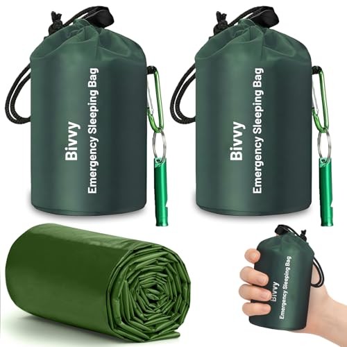 flintronic 2-Pack Green Survival Sleeping Bags, Emergency Bivvy Bags with Whistle