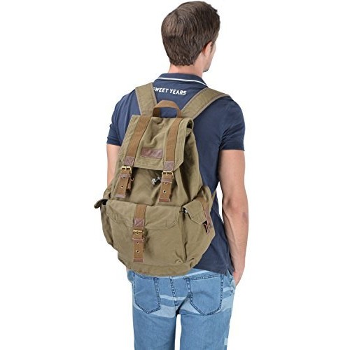 GOOTIUM Canvas Backpack Vintage Outdoor Rucksack Day Pack, Army Green, L-3