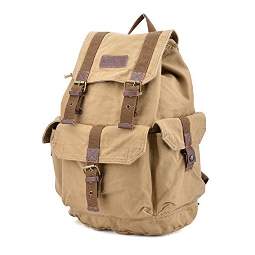 GOOTIUM Canvas Backpack Vintage Outdoor Rucksack Day Pack, Khaki, L-1