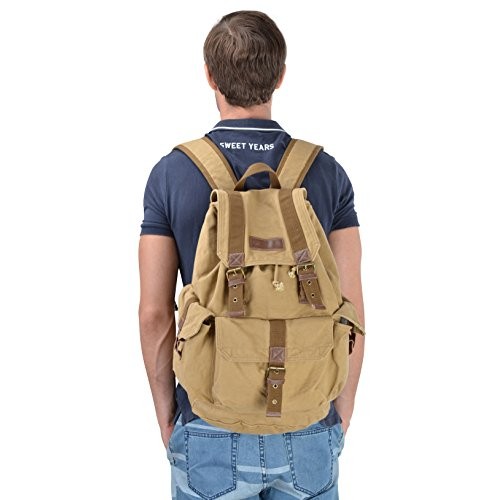 GOOTIUM Canvas Backpack Vintage Outdoor Rucksack Day Pack, Khaki, L-3