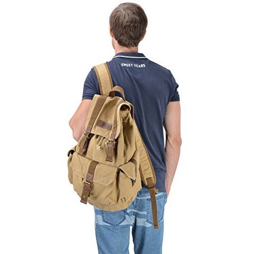GOOTIUM Canvas Backpack Vintage Outdoor Rucksack Day Pack, Khaki, L-4