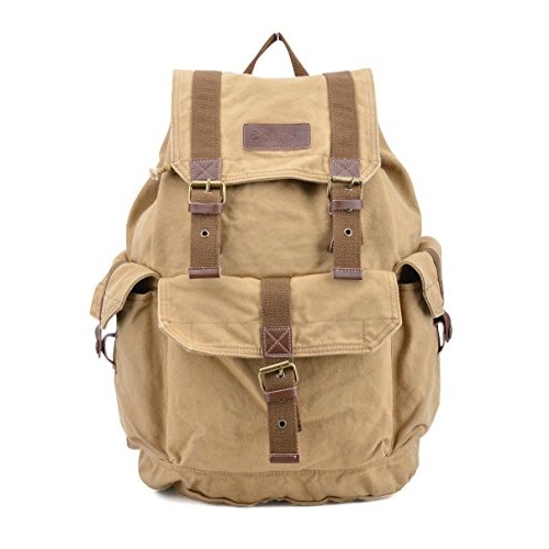 GOOTIUM Canvas Backpack Vintage Outdoor Rucksack Day Pack, Khaki, L