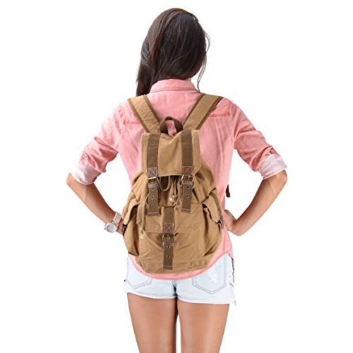 Gootium Canvas Backpack Vintage Outdoor Rucksack Day Pack, Small, Khaki-4