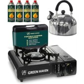Green Haven Camping Stove Kettle Bundle with 4 Butane Gas Canisters, Carry Case, 2100W Auto-Ignition Gas Cooker and Stainless Steel Whistling Kettle