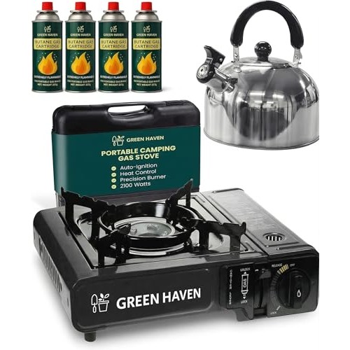 Green Haven Camping Stove Kettle Bundle with 4 Butane Gas Canisters, Carry Case, 2100W Auto-Ignition Gas Cooker and Stainless Steel Whistling Kettle